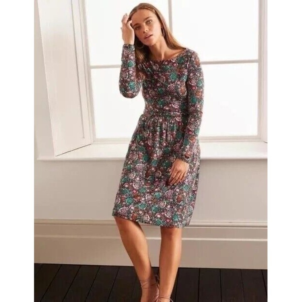 Boden Abigail Jersey Dress Size 14L Black Pink Floral Bird Print Pockets NWT